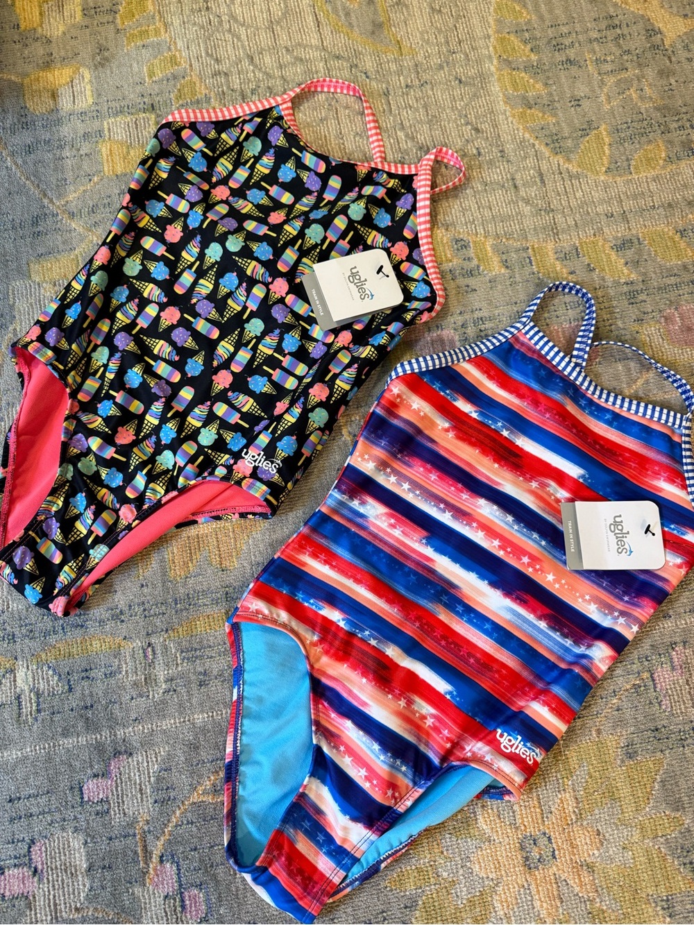 Girls Ice Cream & Red White and Blue USA Stripe One-Piece Swimsuits Set Pair